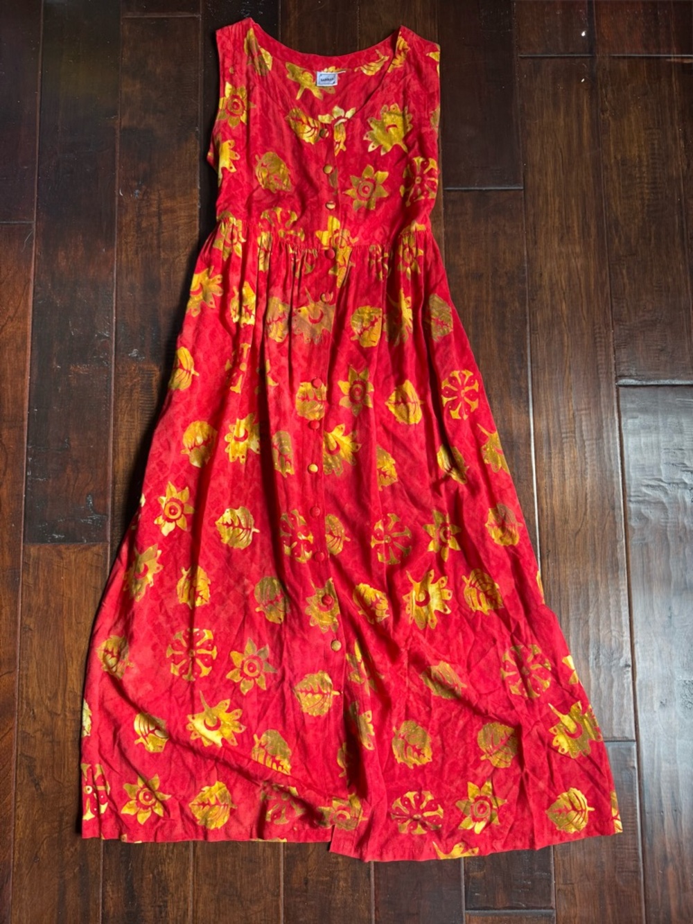 Vintage 90s Red Batik Maxi Dress Boho Rayon Button Front Tie Waist S/M
